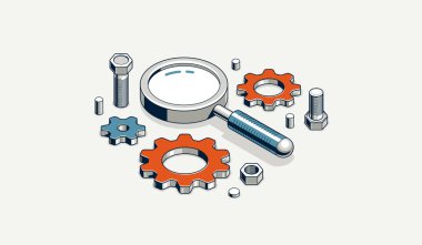 Makine mühendisliği araştırma ve çözüm konsepti, 3D izometrik vektör tasarım ikonu ya da logosu olan vitesler, dişli yazılım geliştirmeli büyüteç.