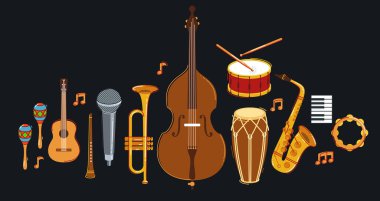 Caz müzik grubu konsepti farklı enstrümanlar vektör düz illüstrasyon koyu arkaplan, canlı müzik festivali veya konser, müzisyen farklı enstrümanlar seti.