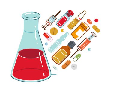 Kimyasal matara ve farklı ilaç vektörü olan ilaç araştırma vektörü çizimi, tıp bilimi konsepti.
