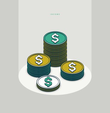 Gelir konsepti posteri, sikke yığını vektör simgesi biçim illüstrasyonu, gelir ve faiz metaforu, döviz.