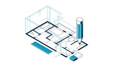 Kalem, düz plan konut veya apartman planı, 3D izometrik vektör çizimi, iç tasarım projesi üst görünümü olan kat planı uygulaması.
