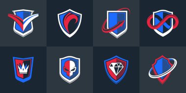 Classic shields shapes set with different additional elements vector symbols set, defense and safety icons, ammo emblems collection.