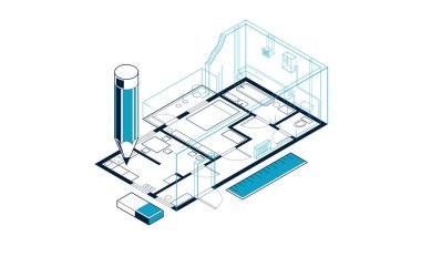 Kalem, düz plan konut veya apartman planı, 3D izometrik vektör çizimi, iç tasarım projesi üst görünümü olan kat planı uygulaması.