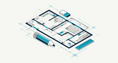 Kalemle, düz planlı konut planıyla ya da apartman planıyla, 3D izometrik vektör çizimi, iç tasarım proje ev inşaatı.
