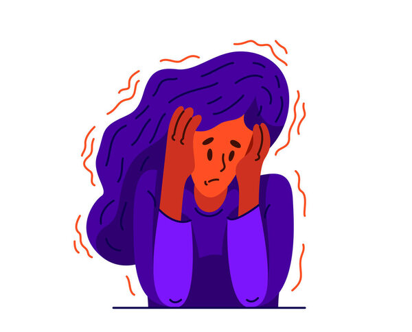 Молодая женщина чувствует стресс и неудобство, векторная иллюстрация человека, страдающего психическими расстройствами паника и тревога, психологические проблемы.