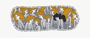 Totaliter toplum ve köleler ve bir kişi özgür bir zihne sahip ve problemi görüyor, vektör çizimi totaliter matrisin negatif kültürü ve konformist olmayan.