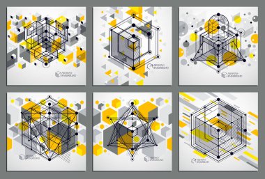 İzometrik sarı arka ayarla doğrusal boyutlu küp şekillerle 3d mesh elemanları vektör. Küpleri, Altıgenler, kareler, dikdörtgenler ve farklı soyut öğeler düzenini. 