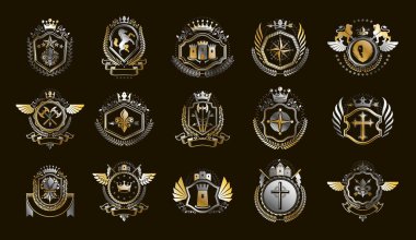 Heraldic Coat of Arms vektör seti, antika heraldik rozetler ve ödüller koleksiyonu, klasik tarz tasarım unsurları, aile veya iş logoları sembolleri.