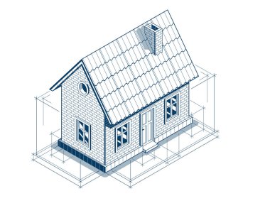 Ülke ya da kasaba evi proje konsepti, küçük bir ev inşaatı projesinin 3 boyutlu izometrik çizimi, köy veya kenar mahallelerdeki kırsal küçük ev.