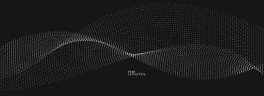 Hareket vektöründeki gri noktalar siyah üzerine soyut arkaplan, parçacıklar dalgalı akış dizisi, hareket, teknoloji ve bilimsel illüstrasyondaki eğri çizgiler.