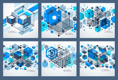 Teknoloji vektör mavi mühendislik 3d küpleri ve çizgiler ile yapılan set duvar kağıtları. Teknolojik duvar kağıdı peteğin ile yapılmış mühendislik. Teknik arka plan.