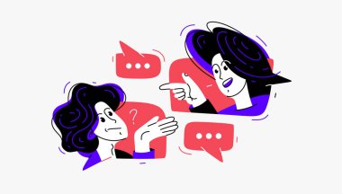 İnternette kurye aracılığıyla sohbet eden birkaç genç, tartışan ve iletişim kuran iki kişinin vektör çizimi, online konuşma kutuları.