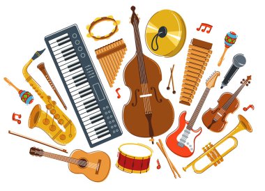 Müzik orkestrası çeşitli enstrümanlar vektör düz illüstrasyon beyaz zemin, canlı müzik konseri veya festival, müzik grubu veya orkestra çalıyor ve şarkı söylüyor.
