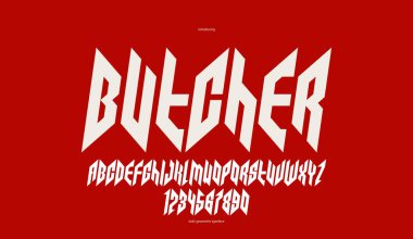 Keskin ve kalın italik vektör yazı tipi logo, gotik veya ağır metal tarzı modern yazı tipi, keskin sert rock harfleri ve başlıklar veya sloganlar için rakamlar alfabesi, ağır tipografi.