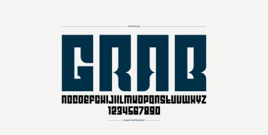 Geometric bold sans serif yazı karakteri, vektör kalınlığında ve çok büyük basit basit yazı tipi, poster ve reklam harfleri ve logo başlıkları veya sloganlar için rakamlar alfabesi.