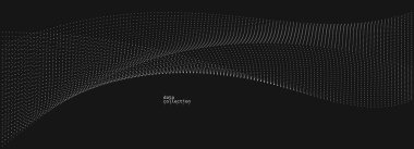 Hareket vektöründeki gri noktalar siyah üzerine soyut arkaplan, parçacıklar dalgalı akış dizisi, hareket, teknoloji ve bilimsel illüstrasyondaki eğri çizgiler.