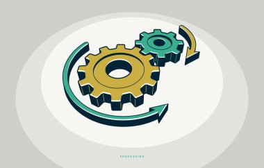 Konsept posteri, ok vektör simgesi biçiminde dişliler, işlem süreci işleniyor.