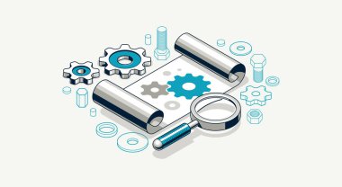 Makine mühendisliği proje konsepti, motor taslağı çizimi, teknik şema planı, şanzımanlı kağıt tabaka ve 3D izometrik vektör çizimi, özel ders onarımı.