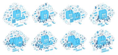 Çevrimiçi internet perakende satış vektörü 3D illüstrasyonlar beyaz arka planda izole edildi, bilgisayar fareli alışveriş torbaları, mağaza indirimi, Kara Cuma konsepti, temizleme.