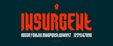 Manşetler için keskin ve cesur gotik yazı tipi, kenarlı geometrik modern vektör yazı tipi, heavy metal ve hard rock tarzı alfabe numaraları.