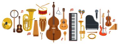 Müzik orkestrası çeşitli enstrümanlar vektör düz illüstrasyon beyaz zemin, canlı müzik konseri veya festival, müzik grubu veya orkestra çalıyor ve şarkı söylüyor.