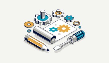 Gövde oluşturma uygulama konsepti, motor taslağı çizimi ve çalışma süreci, vitesli kağıt tabaka, araçlar ve 3B izometrik vektör çizimi.