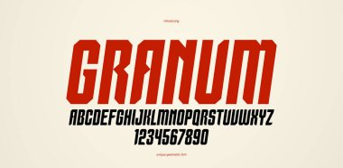 Logo oluşturma için kalın ve ağır geometrik yazı tipi, modern geometrik vektör yazı tipi, yuvarlak elemanları olmayan tipografi, sadece köşeler ve düz çizgiler geometri, italik sürüm.