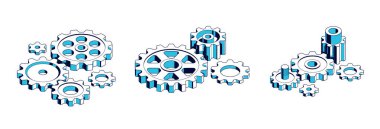 Makine mühendisliği konsepti, dişliler ve dişliler bileşimi izometrik üç boyutlu vektör çizimi, dişli sistem teknolojisi ve makine motoru..