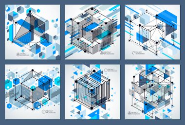 Vektör soyut mavi arka planlar izometrik örgü çizgileri stilinde oluşturulur. Mekanik şema, küp ve mekanizma parçaları ile vektör mühendisliği çizim. Tasarımlarınız için mükemmel arka plan