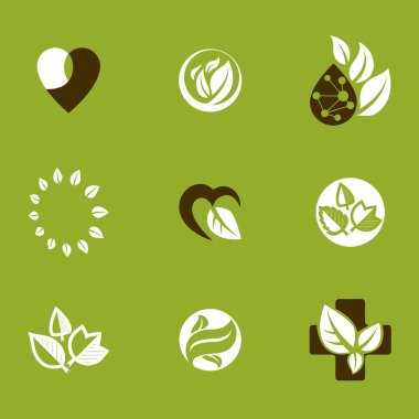 Alternatif Tıp metafor, vektör grafik Amblemler toplama. Vejetaryen yaşam tarzı kavramsal çizimler.