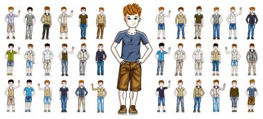 Sevimli küçük çocuklar farklı gündelik kıyafetleri giyen ergenler uzun boylular ve vektör çizimleriyle izole edilmiş büyük setler, güzel çocuklar çizimleri koleksiyonu, insan çeşitliliği..