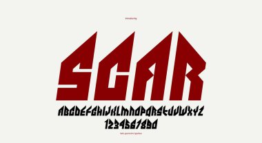 Keskin ve kalın italik vektör yazı tipi logo, gotik veya ağır metal tarzı modern yazı tipi, keskin sert rock harfleri ve başlıklar veya sloganlar için rakamlar alfabesi, ağır tipografi.
