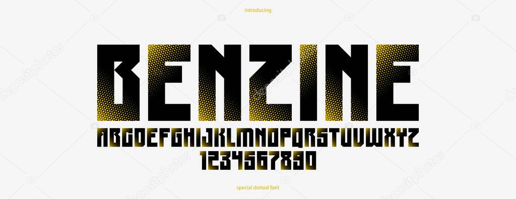 Halftone dotted futuristic cyberpunk font for logos and posters, vector brutal industrial typeface alphabet letters and numbers, urban technic future typography.