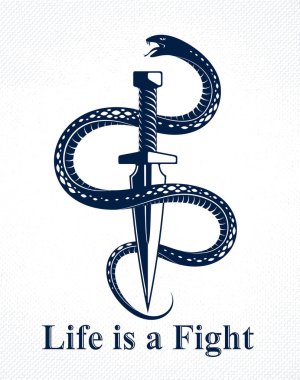 Hançer yılanı öldürür, yılanı mağlup eder. Kılıç vektör dövmesinin etrafına sarar. Hayat bir dövüş konseptidir, hayat güllerden, alegorik logodan ya da antik sembollerin ambleminden ibaret değildir..