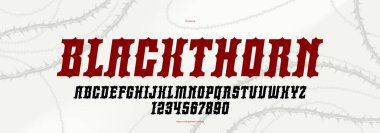 Blackthorn amblemler ve logolar, başlıklar ve başlıklar için gotik yazı tipi, dikenli tipografi tehlike ve dehşeti gösteriyor, klasik artistik alfabe harfleri ve sayılar, italik sürüm.