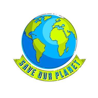 Dünya Uluslararası Dünya Günü konsepti, ekolojik ekoloji, iklim değişiklikleri, Dünya Günü 22 Nisan, kurdeleli ve daktilo vektör amblemli gezegen veya beyaz arkaplan üzerinde izole edilmiş illüstrasyon.