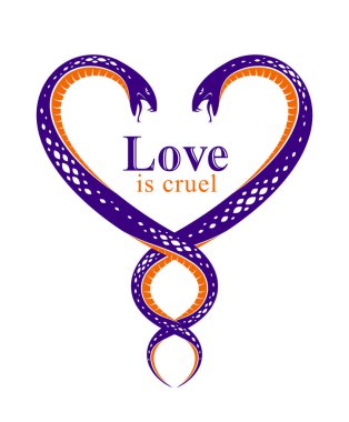 Two Snakes in a shape of heart, love is cruel concept, lovers couple arguing, quarrels in relations, vector logo emblem or tattoo in vintage classic style. clipart