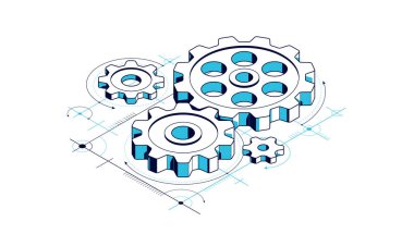 İcat yenileme ve geliştirme konsepti, kaba mühendislik çizimi olan dişliler ve dişliler izometrik üç boyutlu vektör çizimi, teknoloji teması, makine ve motor oluşturma.