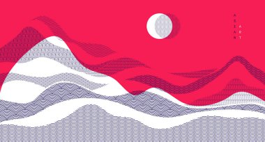 Soyut oryantal Japon sanat vektörü arka planı kırmızı renk, geleneksel stil tasarımı, dalgalı şekiller ve dağlık arazi, deniz hatları gibi akışkan..