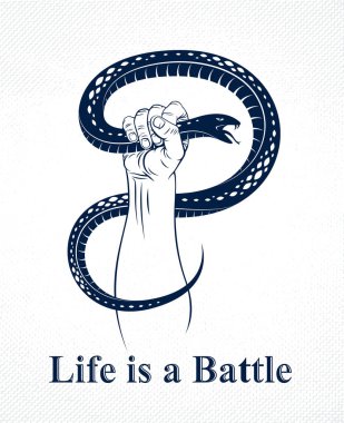 El yılanı sıkar, kötülüğe karşı savaşır, karanlık tarafını kontrol eder, iç çatışma, arketip gölge, hayat bir dövüş konseptidir, klasik vektör logosu veya dövmedir..