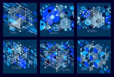 Mavi siyah endüstriyel sistemin hatları ve 3d küpleri ile oluşturulmuş vektör çizimler ayarlayın. Modern geometrik kompozisyon şablon ve düzeni kullanılabilir. 