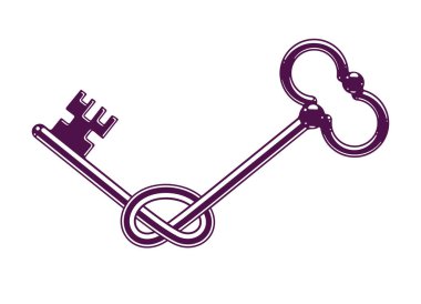 Düğümlenmiş anahtar alegorik sembolü, düğüm içinde antika anahtar, savunma ve güvenlik konsepti, şifre kişisel veri koruması, vektör logosu.