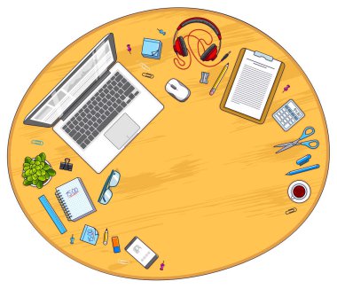 Ahşap ofis resepsiyon çalışma alanı yukarıdan Pc defter ve metin kopyalama yeri olan çeşitli ileti örneği nesnelerle çalışmak için. Tüm öğeleri ayrı ayrı kolay veya resim yeniden oluşması. Vektör.