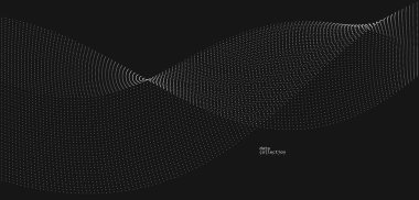 Hareket vektöründeki gri noktalar siyah üzerine soyut arkaplan, parçacıklar dalgalı akış dizisi, hareket, teknoloji ve bilimsel illüstrasyondaki eğri çizgiler.