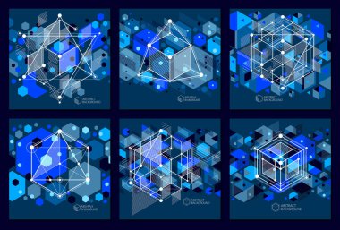 Geometrik teknoloji vektörü koyu mavi çizimler seti, 3 boyutlu teknik duvar kağıdı. Mühendislik sisteminin tasviri, soyut teknolojik zemin. Soyut teknik arkaplan.