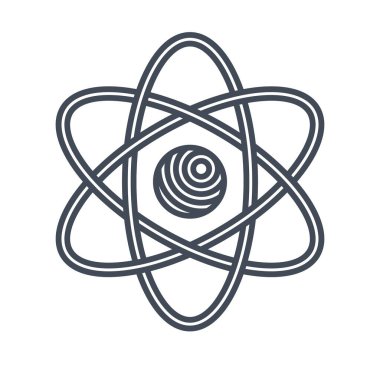 Beyaz, bilim simgesi veya temel parçacık logosu üzerinde izole edilmiş modern doğrusal tarzda atom vektörü sembolü, fizik eğitimi teması.