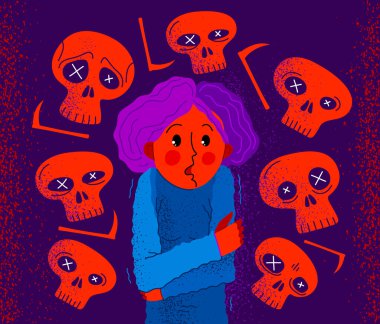 Thanatophobia ölüm vektörü illüstrasyonundan korkuyor. Etrafı korku ve panik atak içinde hayali kafataslarıyla çevrili bir kız. Psikoloji ve psikiyatri..