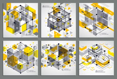 Abstract vector geometric isometric yellow backgrounds set. Mechanical scheme, vector engineering drawing with cube and geometric mechanism parts. clipart