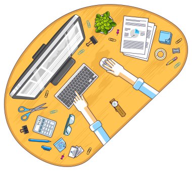 Ofis çalışanı ya da girişimci masası çalışma yeri elleri, bilgisayarı ve çeşitli kırtasiyeleri olan iş yeri, üst görünüm. Tüm elementleri ayrı ayrı kullanmak kolaydır. Vektör illüstrasyonu.