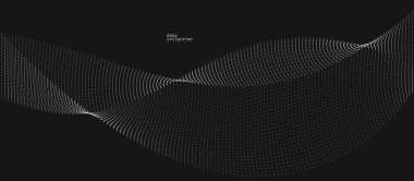 Gri soyut arkaplan, siyah üzerinde akmakta olan parçacıkların vektör dalgası, hareket halindeki kıvrımlı noktalar, teknoloji ve bilim teması, hava ve kolaylıkla fütüristik illüstrasyon.
